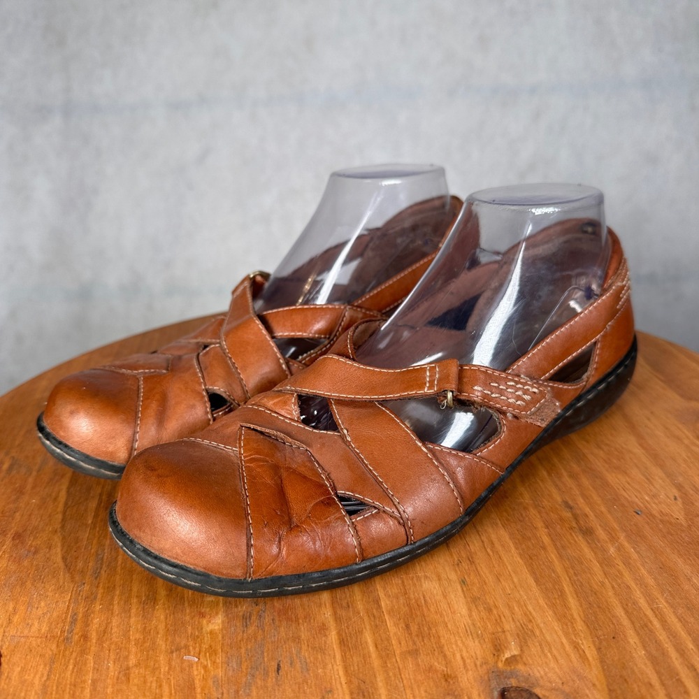 Clarks Leather Mary Jane Flats Womens 10M Brown Good Fisherman Cage 60410
